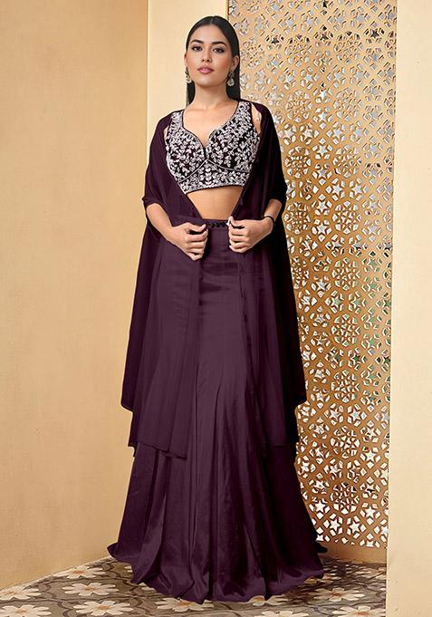 Purple Lehenga Set With Hand Embroidered Blouse And Jacket