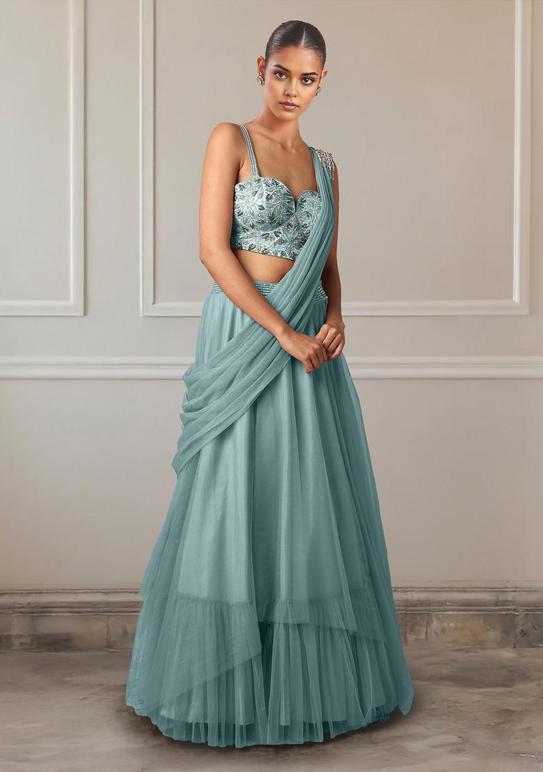 Blue Lehenga Set With Hand Embroidered Blouse