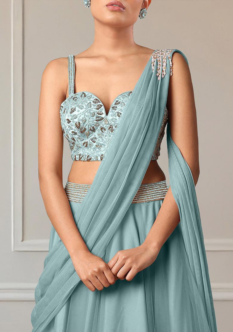 Blue Lehenga Set With Hand Embroidered Blouse