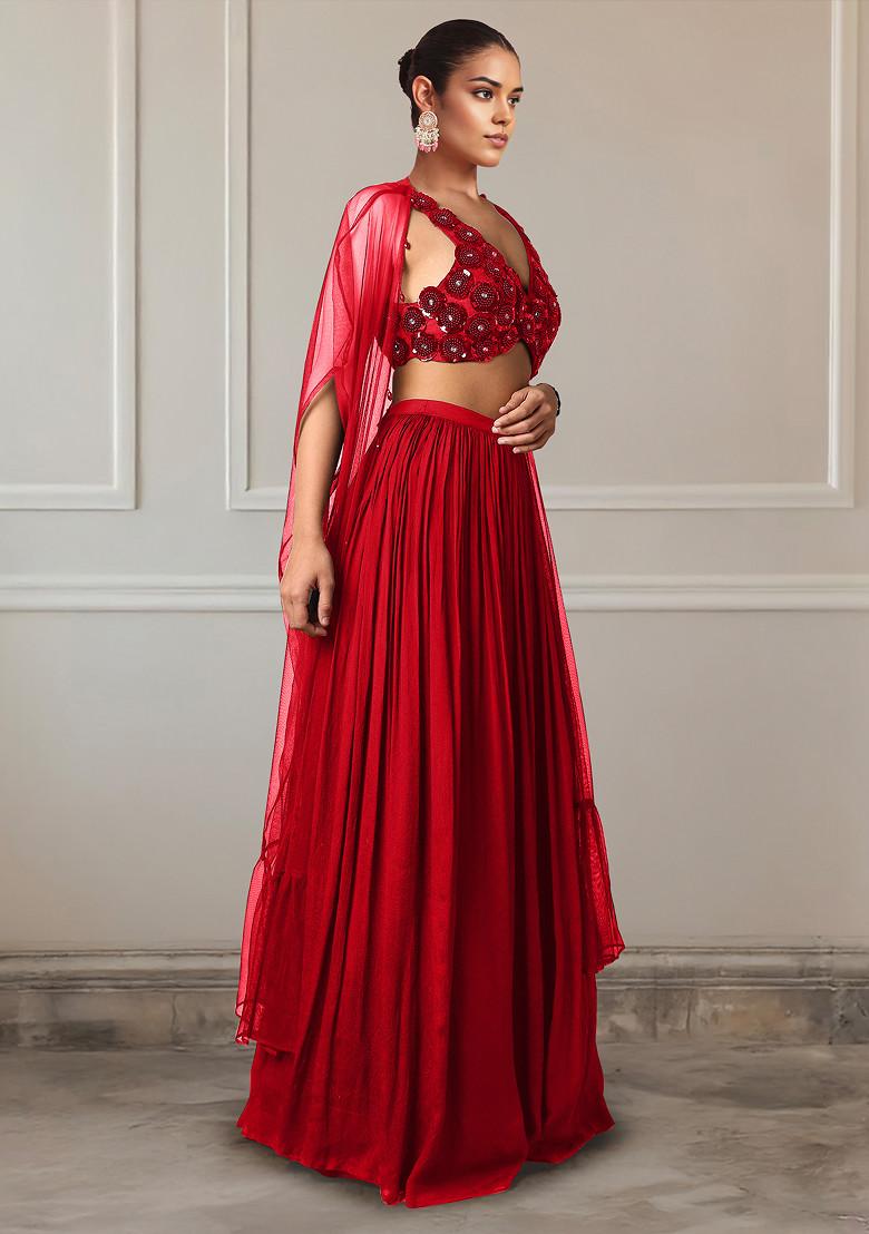 Red Lehenga Set With Hand Embroidered Blouse And Jacket