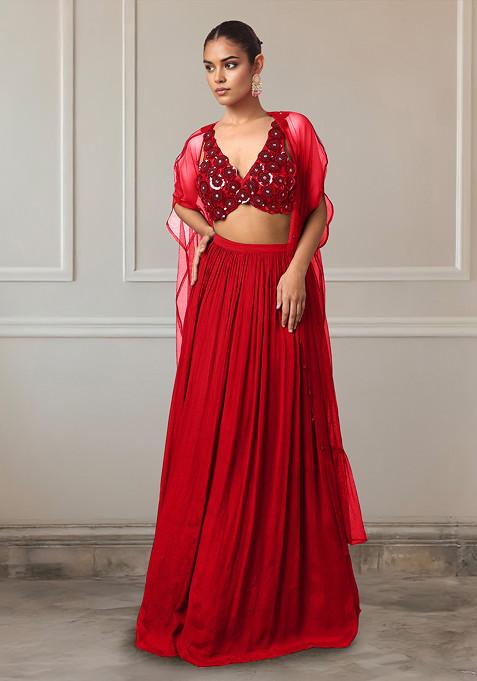 Red Lehenga Set With Hand Embroidered Blouse And Jacket
