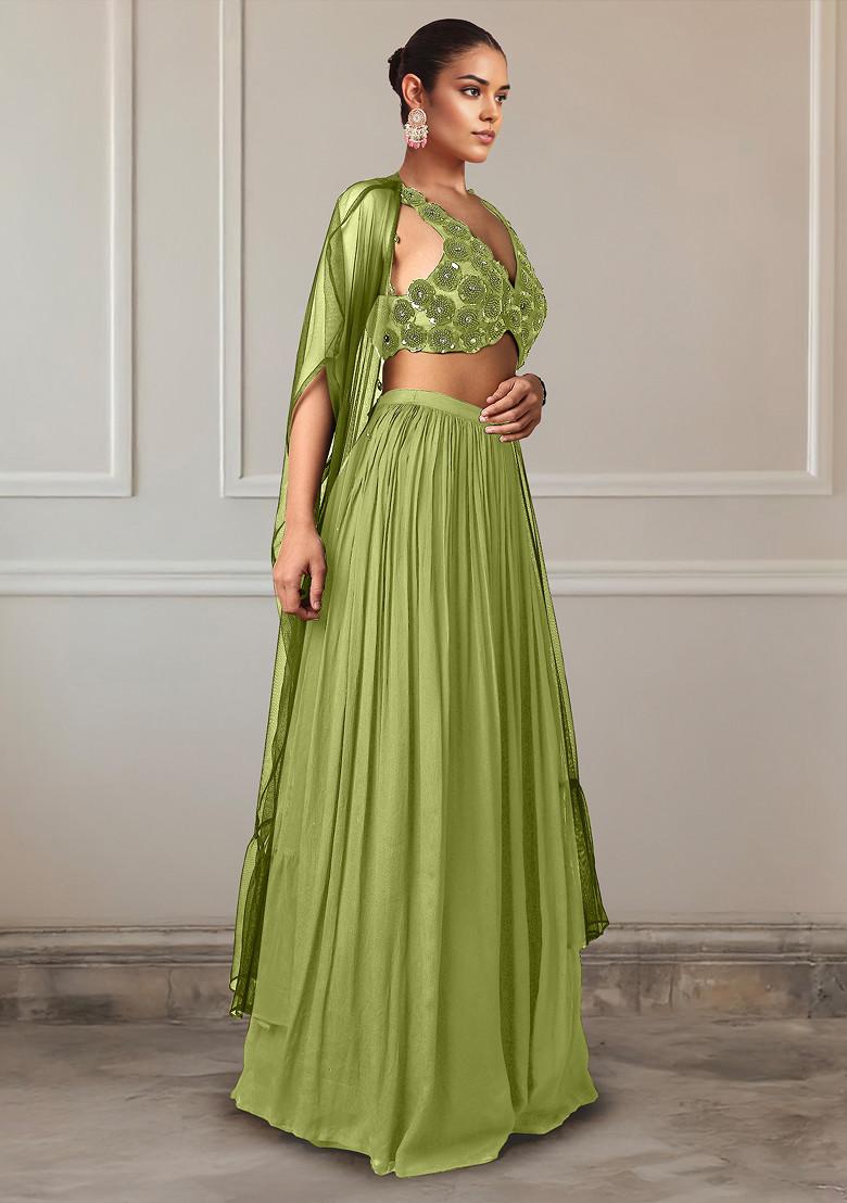 Green Lehenga Set With Hand Embroidered Blouse And Jacket