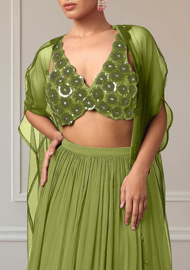 Green Lehenga Set With Hand Embroidered Blouse And Jacket