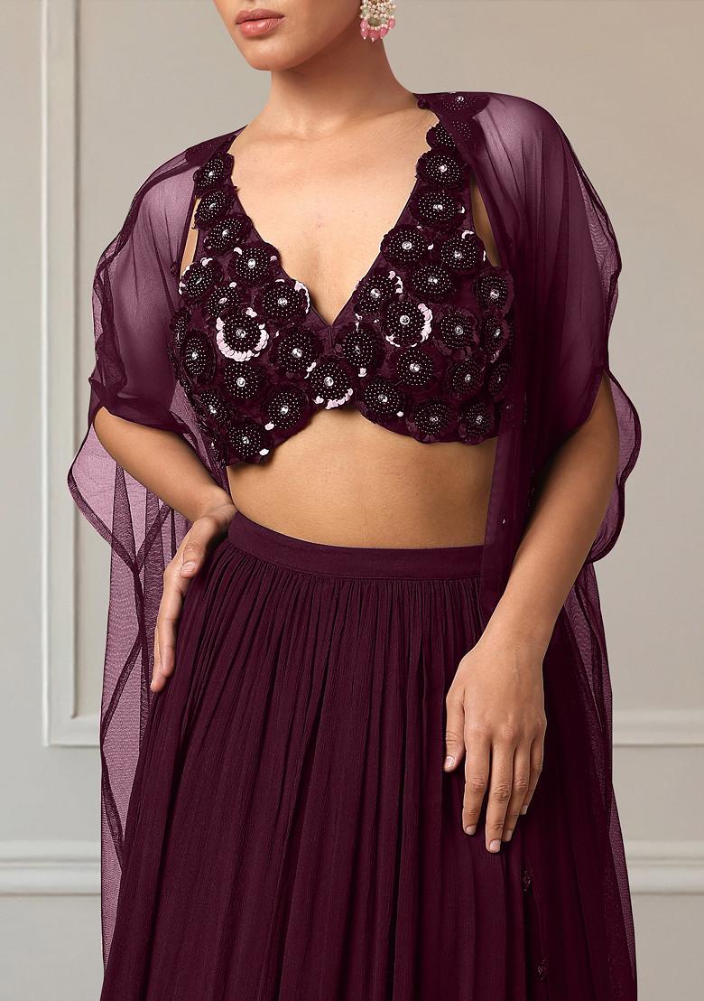 Purple Lehenga Set With Hand Embroidered Blouse And Jacket