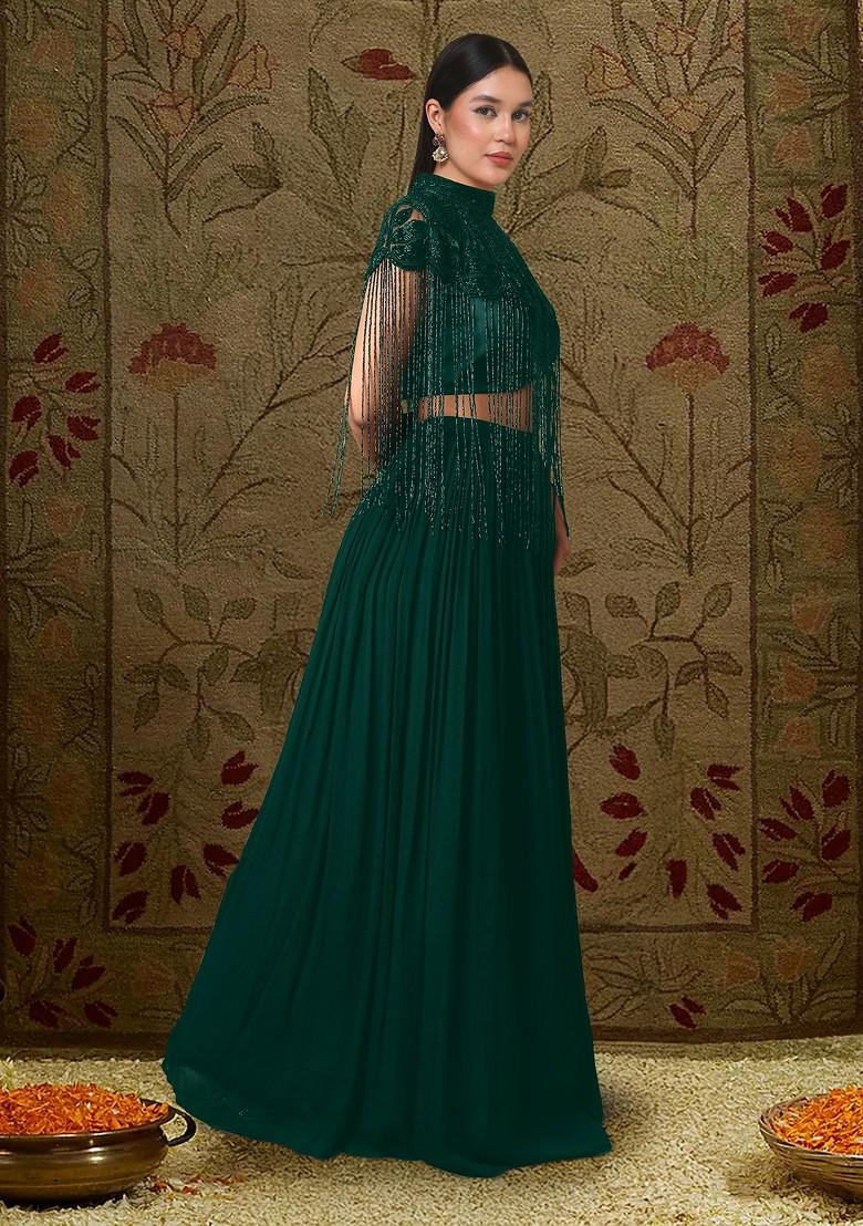 Green Lehenga Set With Hand Embroidered Blouse And Cape