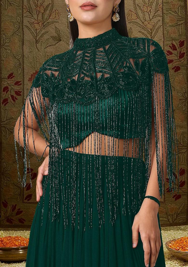Green Lehenga Set With Hand Embroidered Blouse And Cape