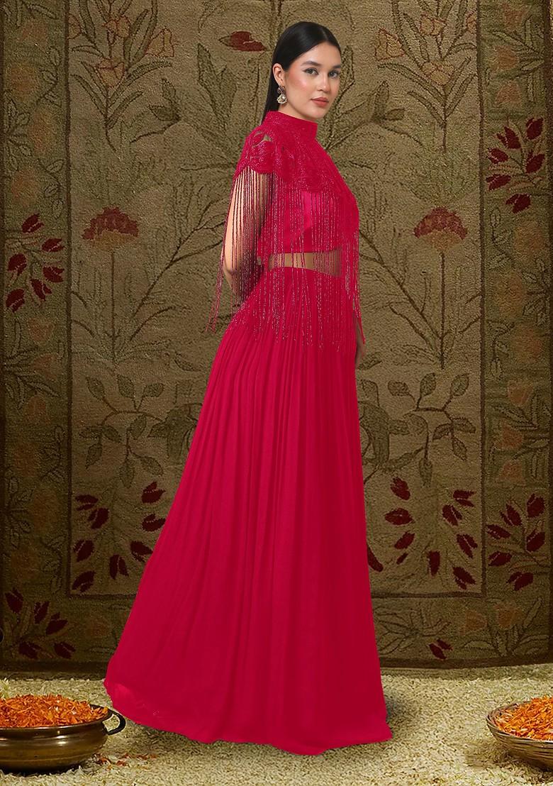 Red Lehenga Set With Hand Embroidered Blouse And Cape