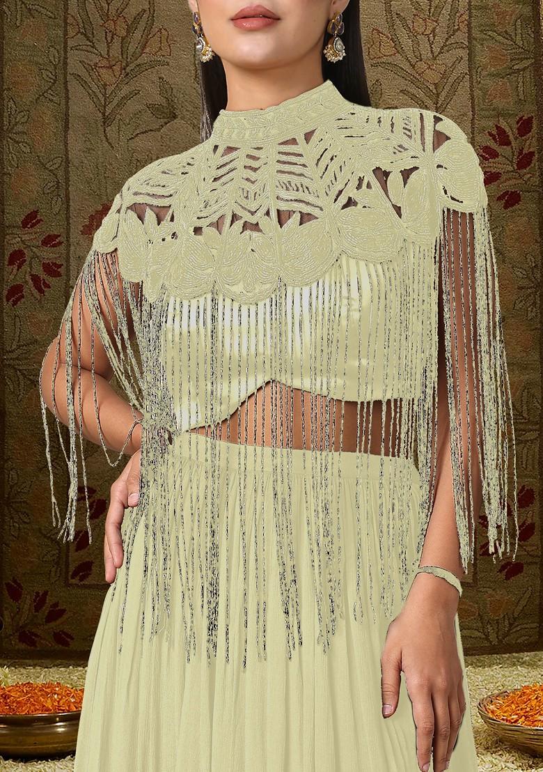 Beige Lehenga Set With Hand Embroidered Blouse And Cape