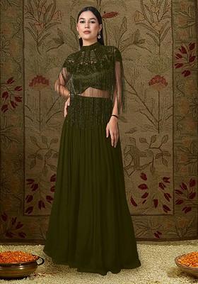Olive Green Lehenga Set With Hand Embroidered Blouse And Cape