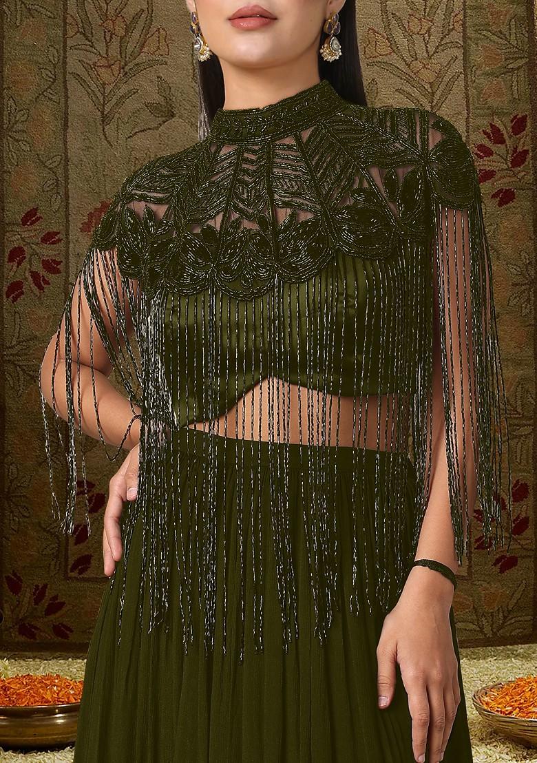 Olive Green Lehenga Set With Hand Embroidered Blouse And Cape