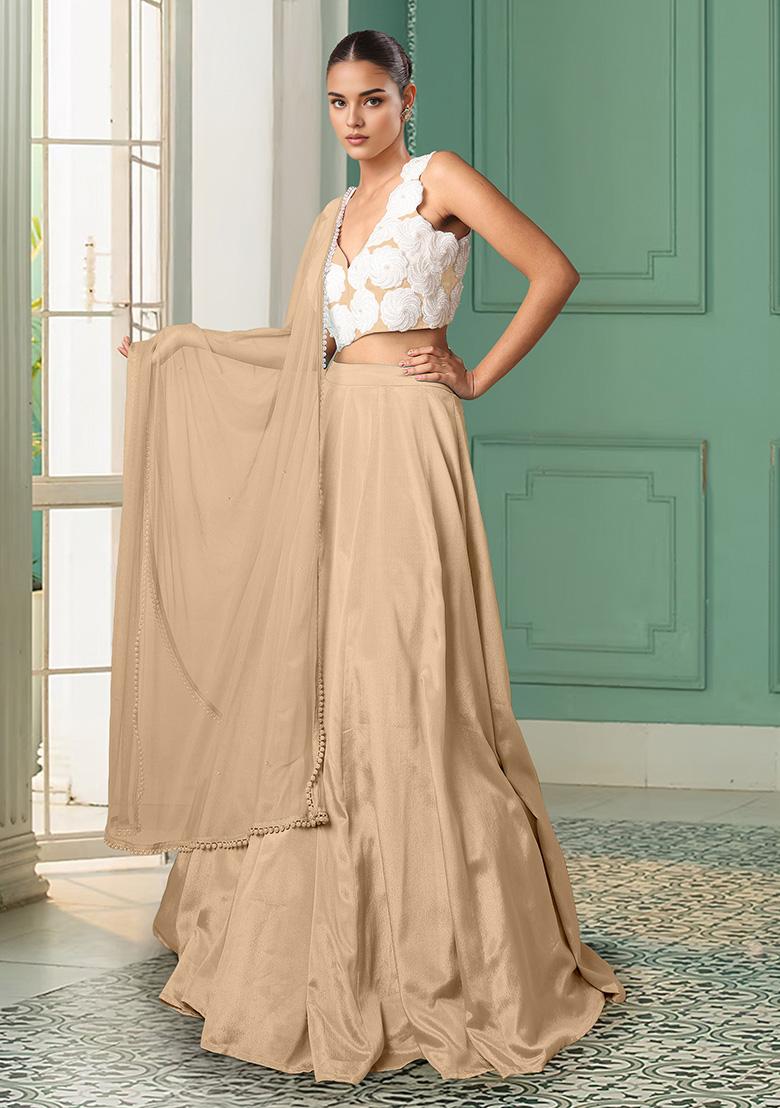 Beige Lehenga Set With Hand Embroidered Blouse And Dupatta