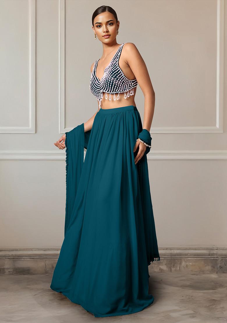 Blue Lehenga Set With Hand Embroidered Blouse And Dupatta
