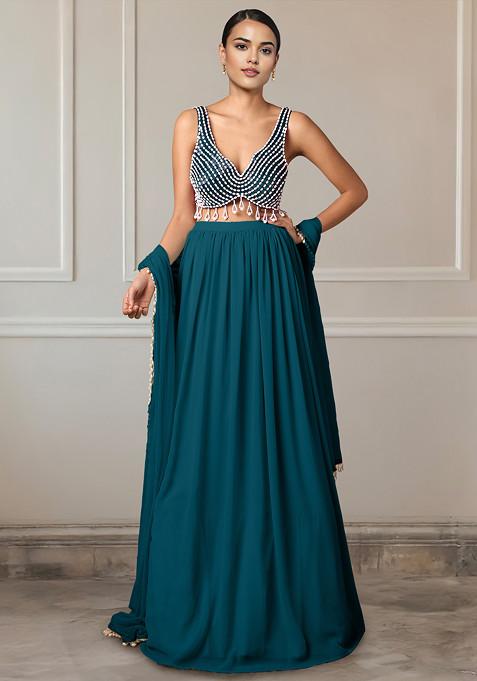 Blue Lehenga Set With Hand Embroidered Blouse And Dupatta