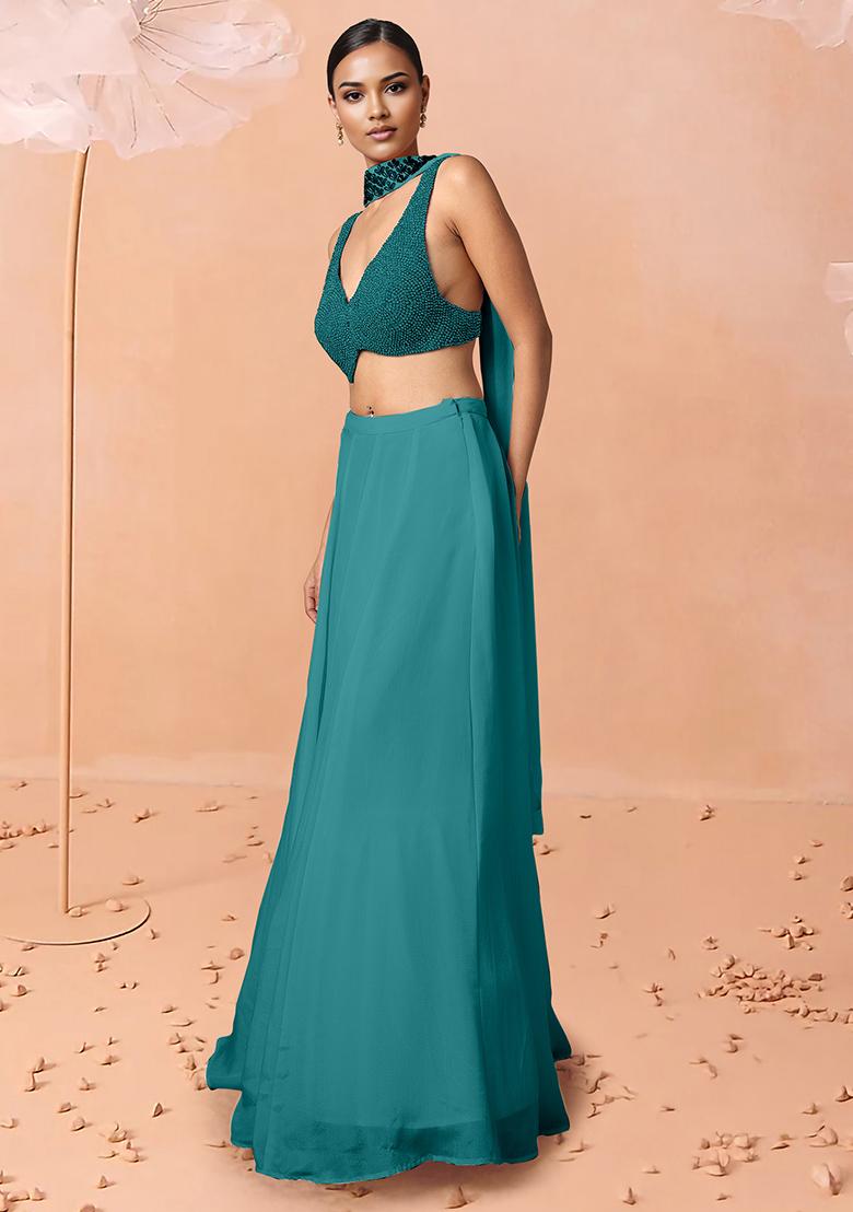 Blue Lehenga Set With Hand Embroidered Blouse And Dupatta