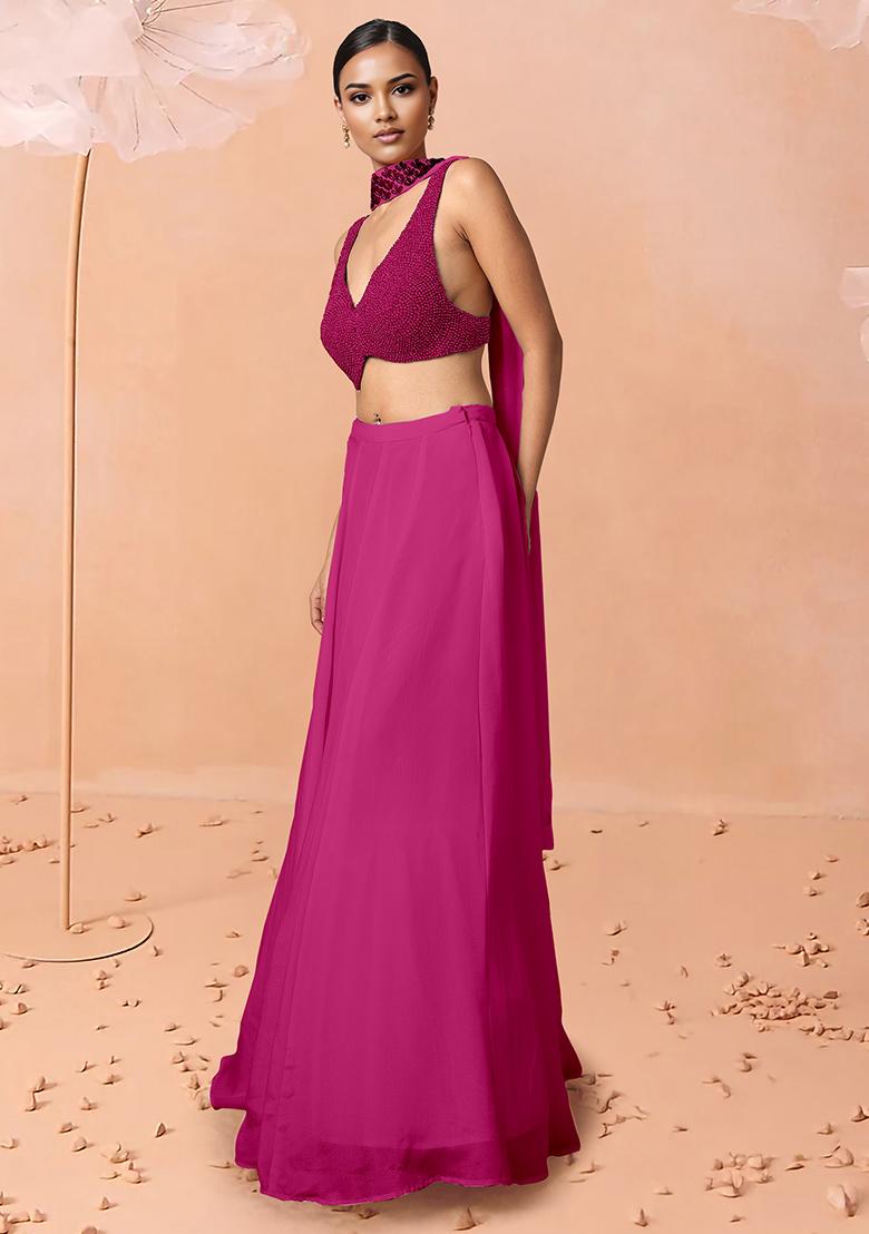 Pink Lehenga Set With Hand Embroidered Blouse And Dupatta