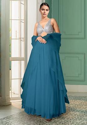 Blue Lehenga Set With Hand Embroidered Blouse And Dupatta