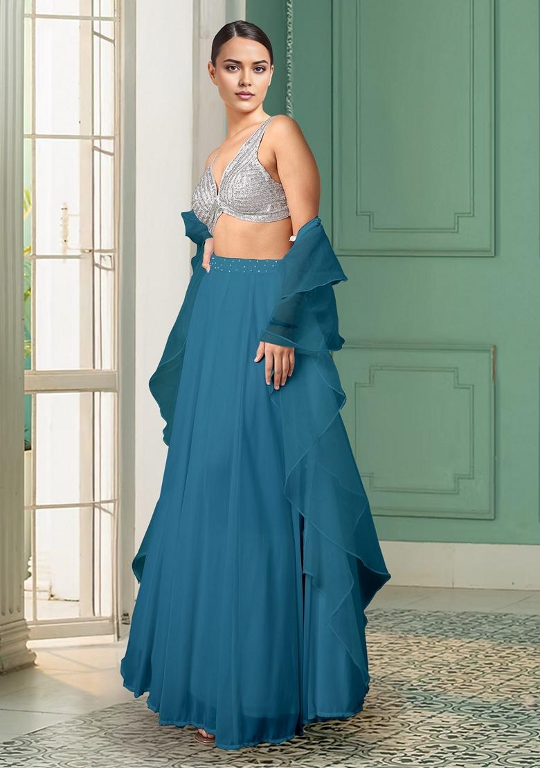 Blue Lehenga Set With Hand Embroidered Blouse And Dupatta