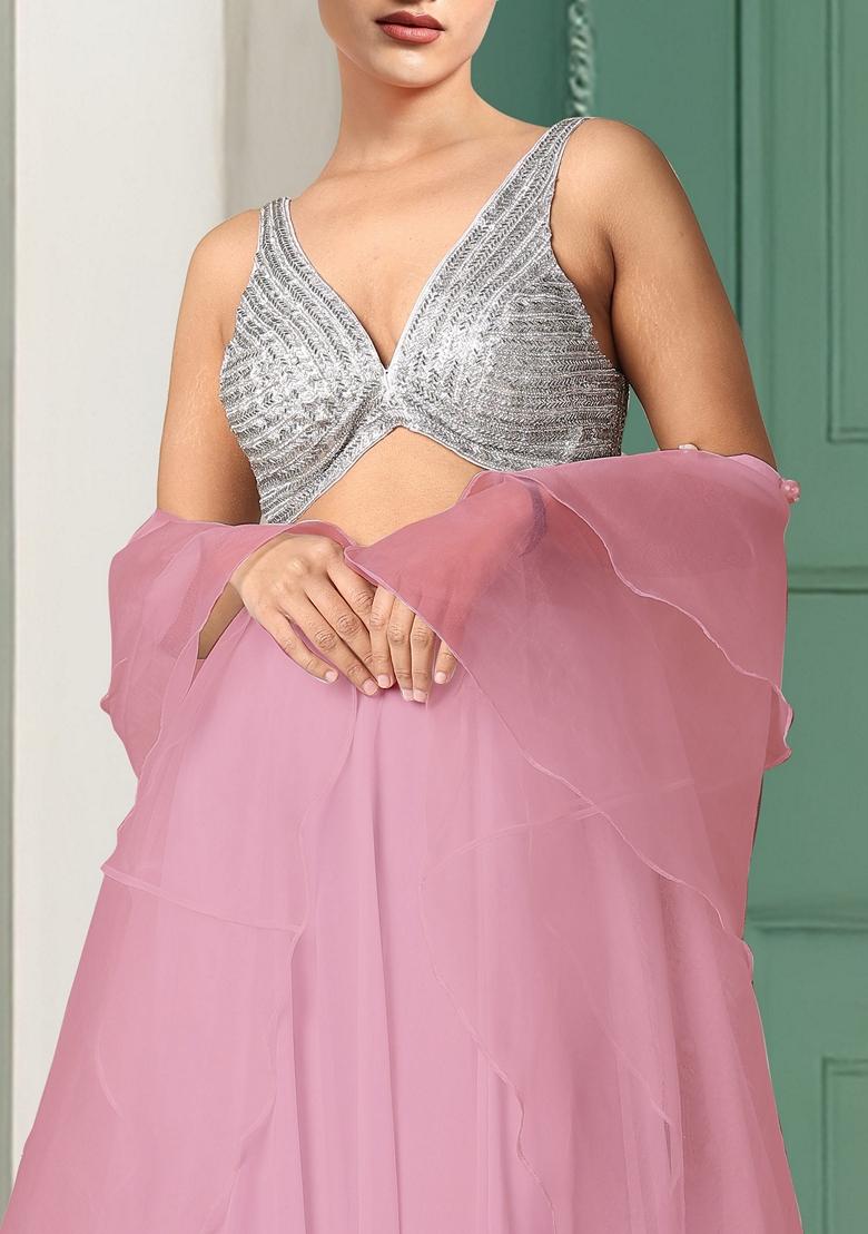 Pink Lehenga Set With Hand Embroidered Blouse And Dupatta