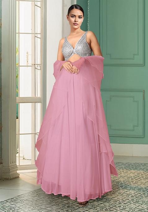Pink Lehenga Set With Hand Embroidered Blouse And Dupatta