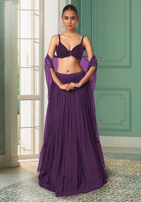 Purple Lehenga Set With Hand Embroidered Blouse And Dupatta