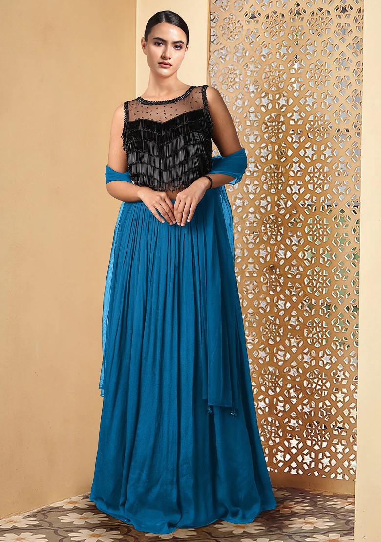 Blue Lehenga Set With Hand Embroidered Blouse And Dupatta