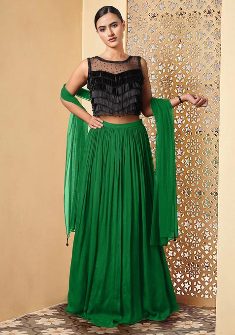 Green Lehenga Set With Hand Embroidered Blouse And Dupatta