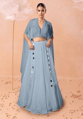 Blue Lehenga Set With Hand Embroidered Blouse And Dupatta