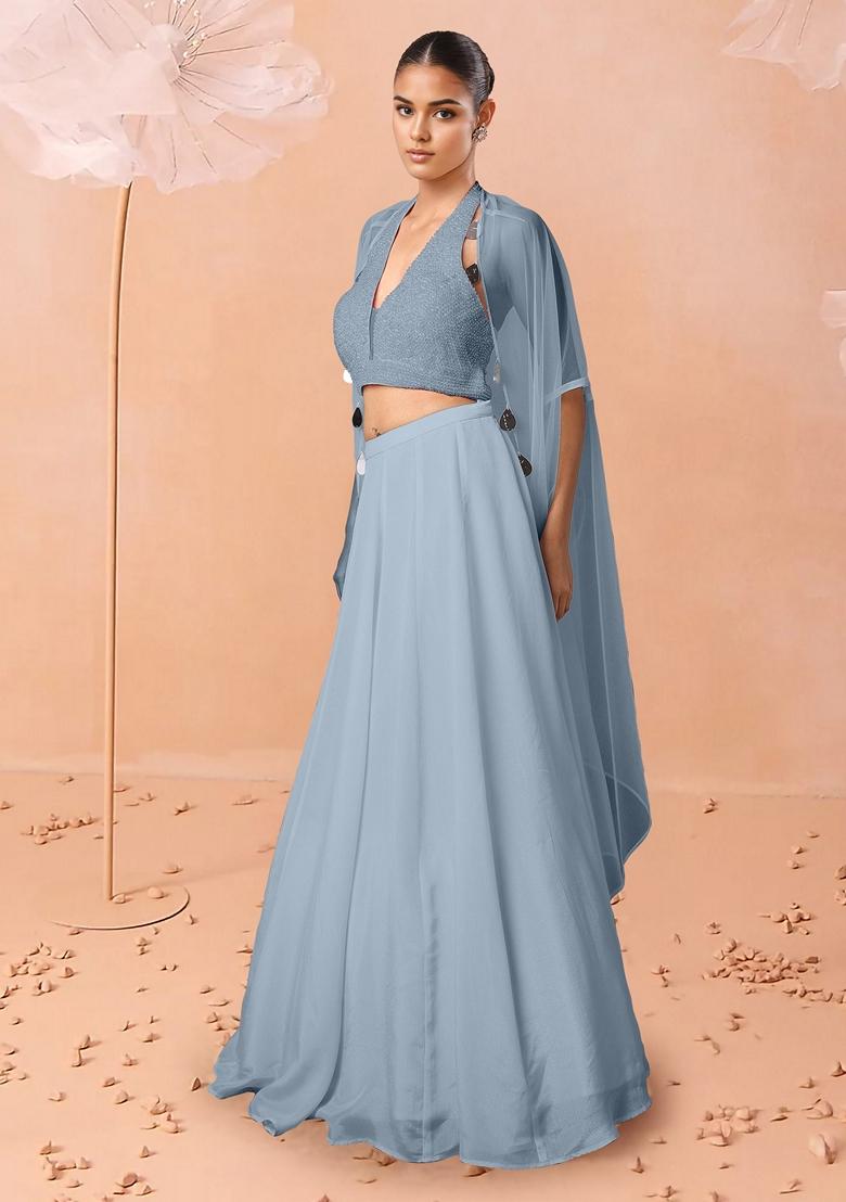 Blue Lehenga Set With Hand Embroidered Blouse And Dupatta
