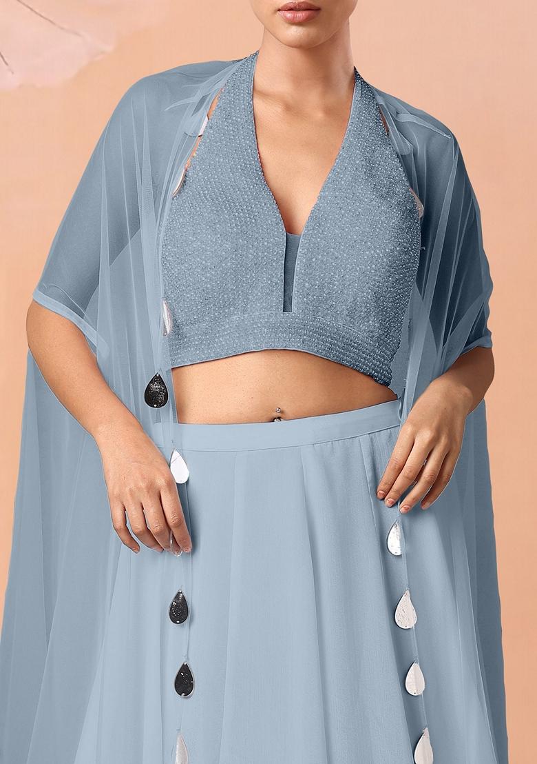 Blue Lehenga Set With Hand Embroidered Blouse And Dupatta