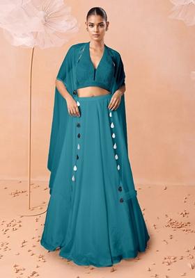 Blue Lehenga Set With Hand Embroidered Blouse And Dupatta