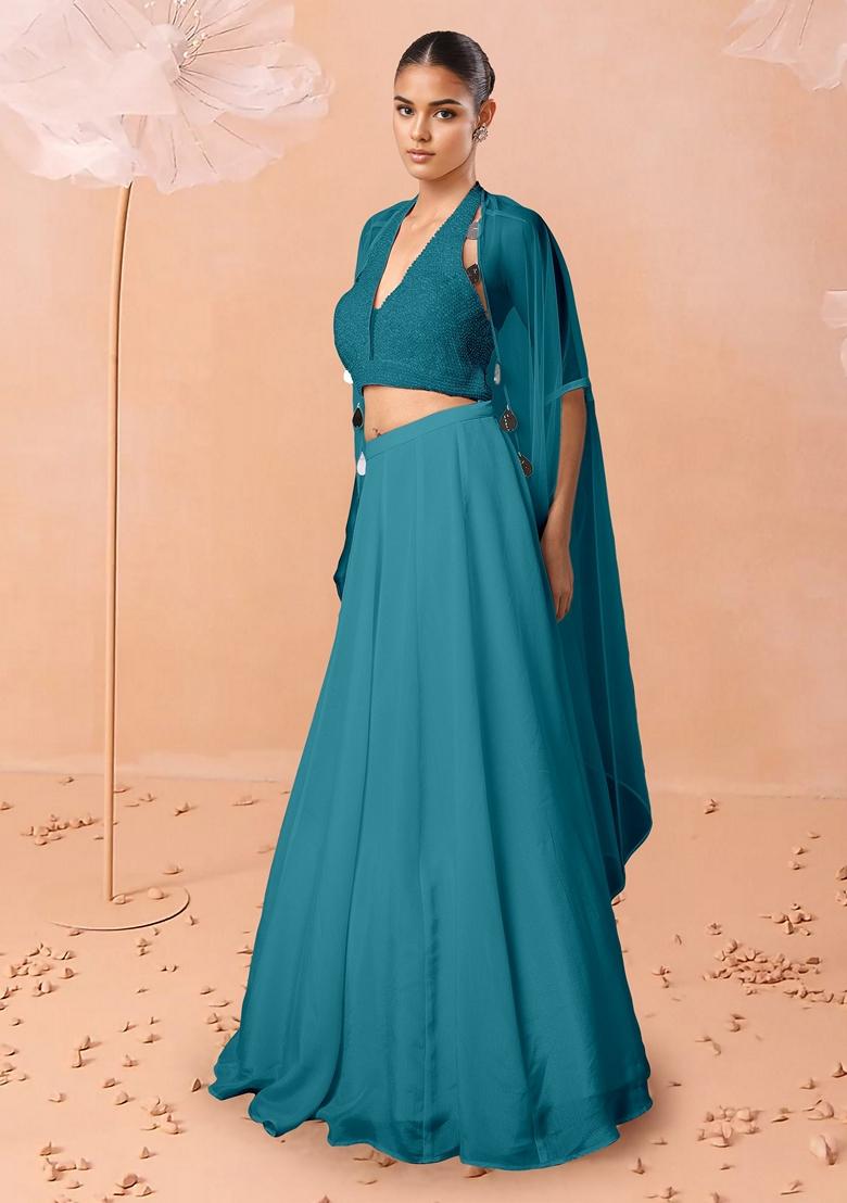 Blue Lehenga Set With Hand Embroidered Blouse And Dupatta