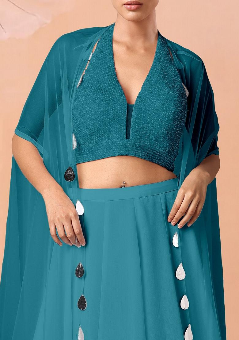 Blue Lehenga Set With Hand Embroidered Blouse And Dupatta