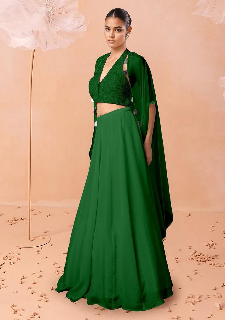 Green Lehenga Set With Hand Embroidered Blouse And Dupatta