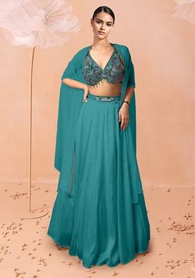 Blue Lehenga Set With Hand Embroidered Blouse And Dupatta