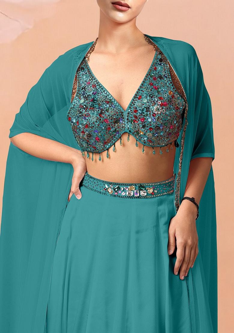 Blue Lehenga Set With Hand Embroidered Blouse And Dupatta