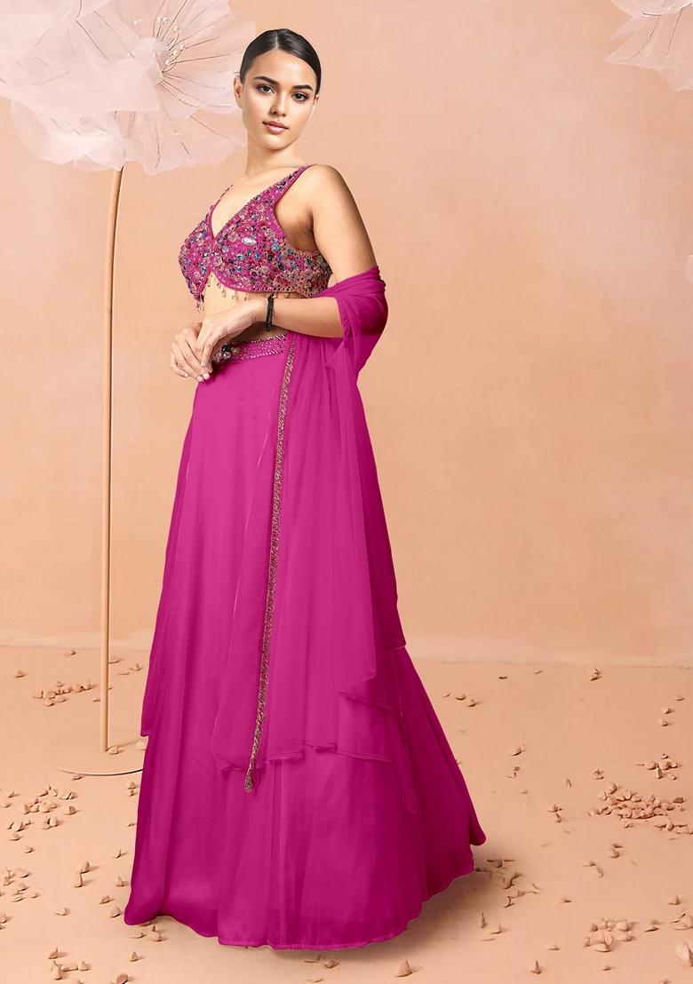 Pink Lehenga Set With Hand Embroidered Blouse And Dupatta