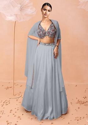Grey Lehenga Set With Hand Embroidered Blouse And Dupatta