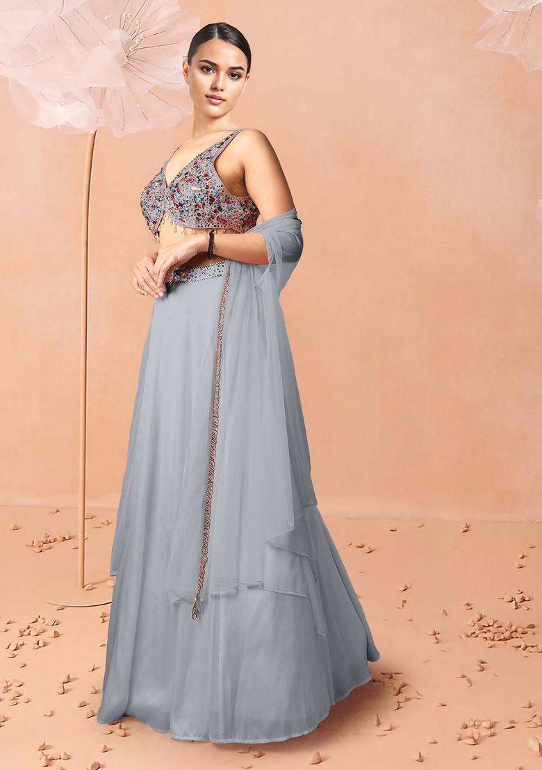 Grey Lehenga Set With Hand Embroidered Blouse And Dupatta