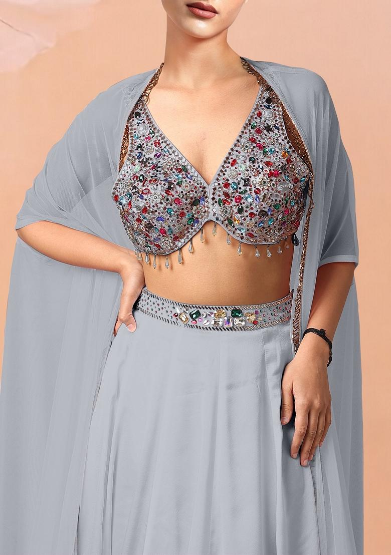 Grey Lehenga Set With Hand Embroidered Blouse And Dupatta