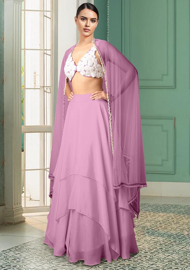 Pink Lehenga Set With Hand Embroidered Blouse And Dupatta