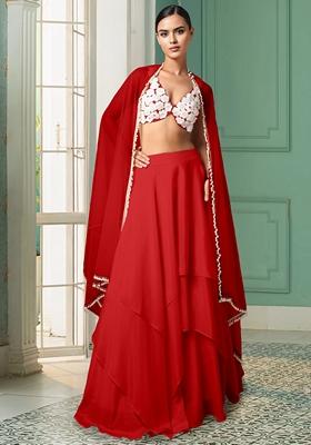 Red Lehenga Set With Hand Embroidered Blouse And Dupatta