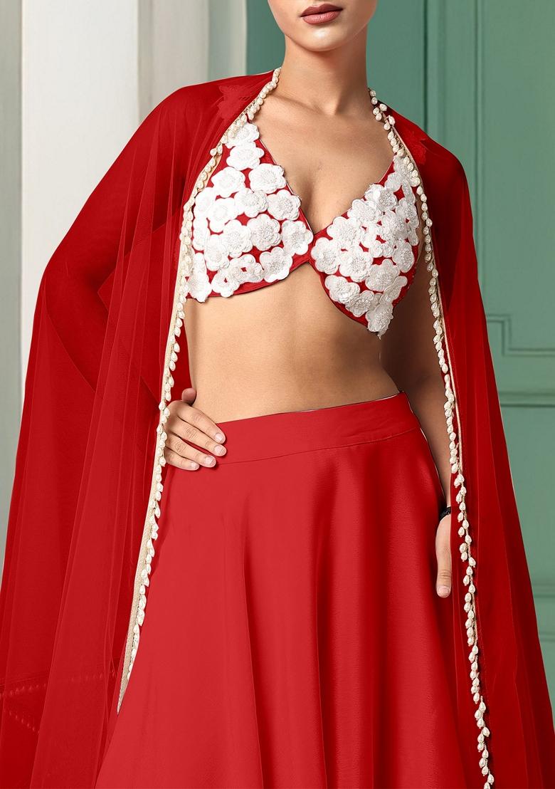 Red Lehenga Set With Hand Embroidered Blouse And Dupatta