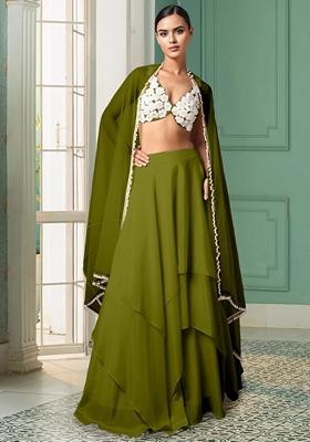 Olive Lehenga Set With Hand Embroidered Blouse And Dupatta