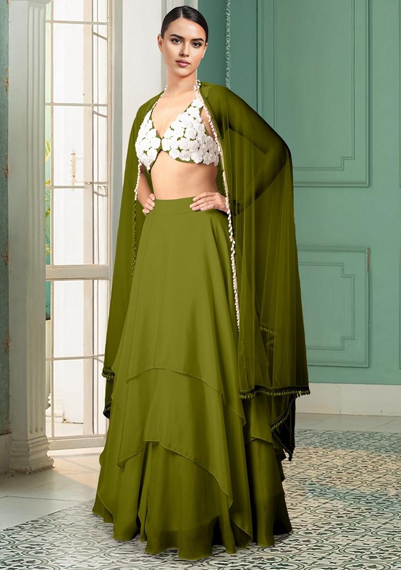 Olive Lehenga Set With Hand Embroidered Blouse And Dupatta