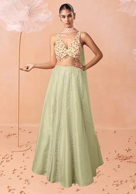 Beige Lehenga Set With Hand Embroidered Blouse And Dupatta