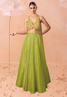 Green Lehenga Set With Hand Embroidered Blouse And Dupatta
