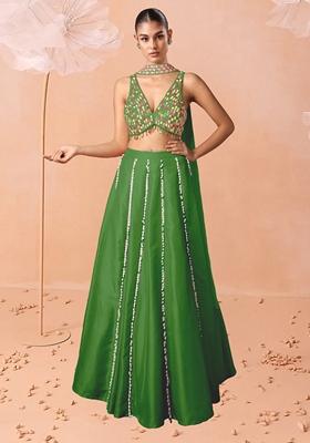 Green Lehenga Set With Hand Embroidered Blouse And Dupatta