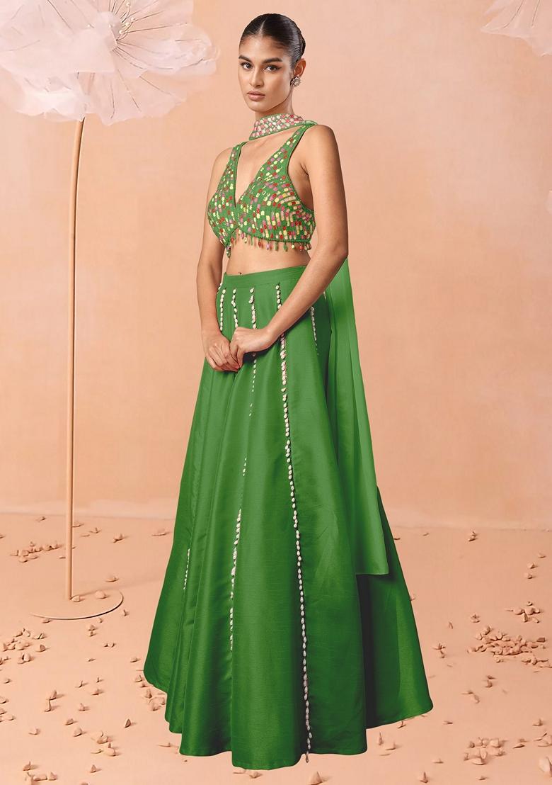 Green Lehenga Set With Hand Embroidered Blouse And Dupatta