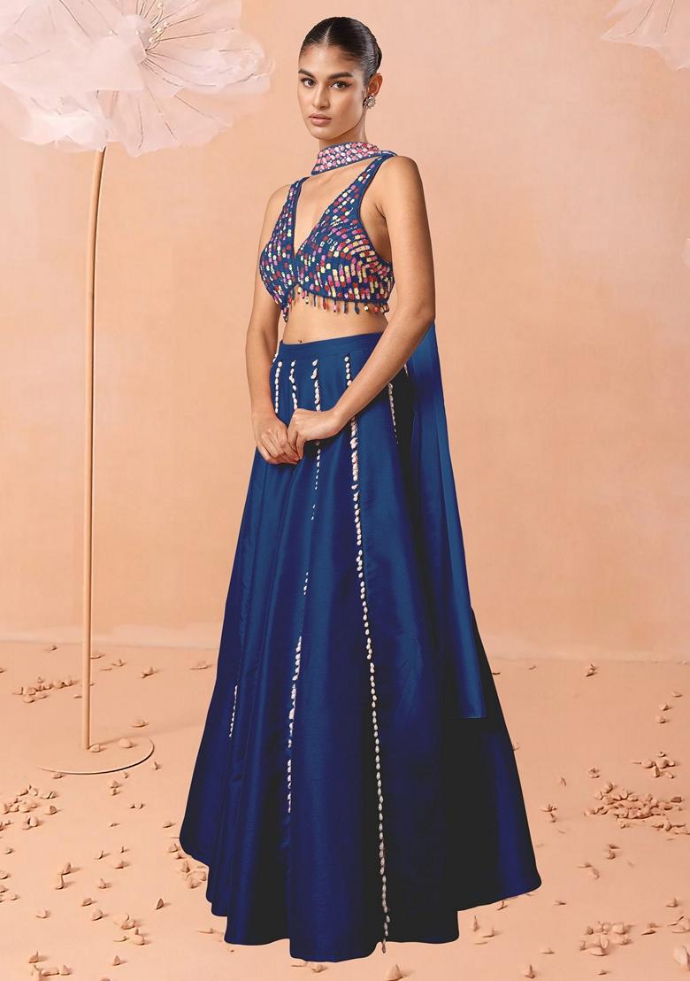 Blue Lehenga Set With Hand Embroidered Blouse And Dupatta