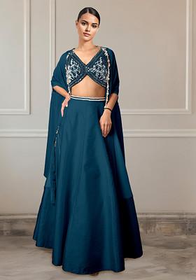 Blue Lehenga Set With Hand Embroidered Blouse And Jacket